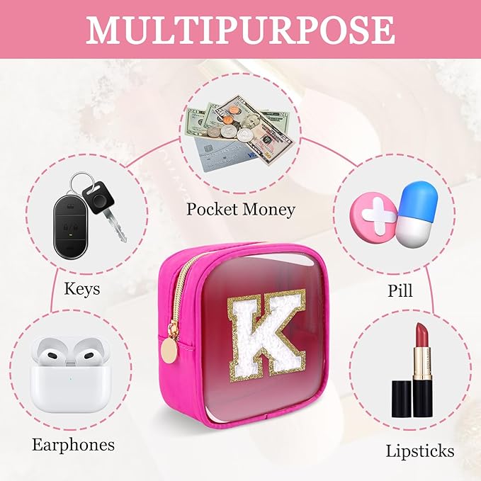 Mini Clear Personalized Initial Makeup Bag,Nylon Preppy A-Z Chenille Letter Patch Zipper Cosmetic Bag, Small Cute Beach Pouch Travel Purse Sanitary Napkin Storage Bag for Women Girls(Hot Pink-White K)