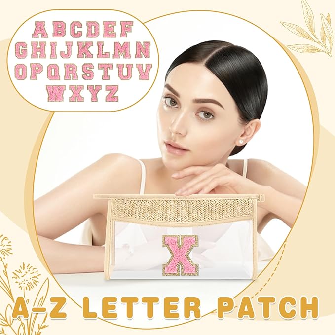Small Boho Straw Initial Letter Makeup Bag Personalized Gift ,Cute Clear Chenille Patch Makeup Bag With Zipper,Trendy TSA Approved Travel Toiletry Bag,Gift for Women Girls Birthday Friend, Letter X