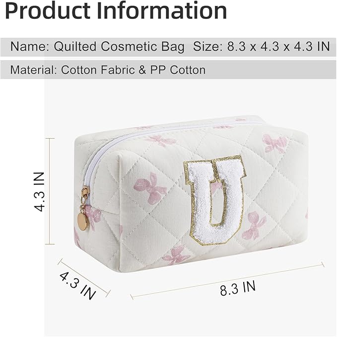 Gleyemor Personalized Initial Makeup Bag for Women, Cute Quilted Pink Floral Cotton Cosmetic Bag, Christmas Gifts for Her Mom Friend Sister Bridesmaid Teacher Women U