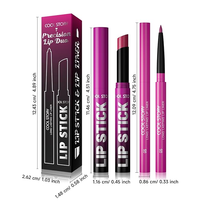 COOL STORY 2 Piece Lip Liner and Lipstick Set, Long Lasting Formula, Professional Makeup Kit (05)