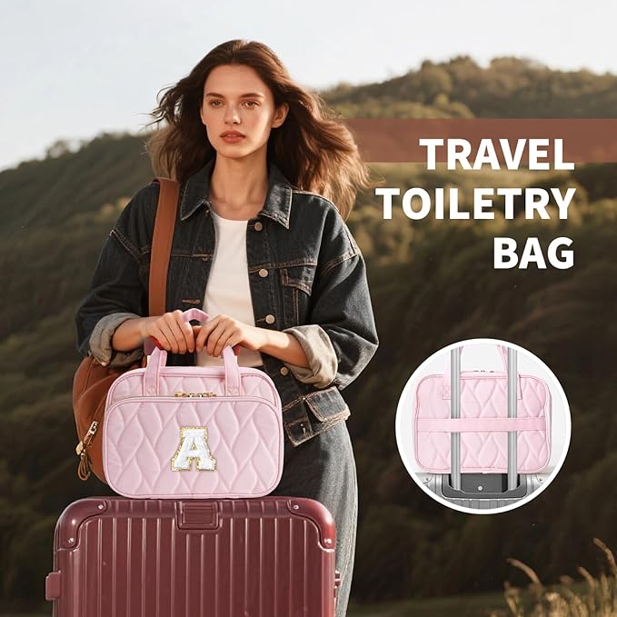 YOOLIFE Toiletry Bag Initial Makeup Bag for Women - Birthday Gifts for Women Teen Girl Gifts Trendy Stuff - Letter L Pink