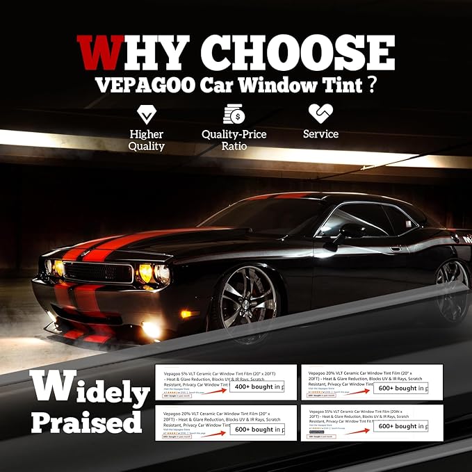 Vepagoo 5% VLT Ceramic Car Window Tint Film (30" x 15FT) - Heat & Glare Reduction, Blocks UV & IR Rays, Scratch Resistant, Privacy Tint Fit for Sedan SUV Pickup Truck