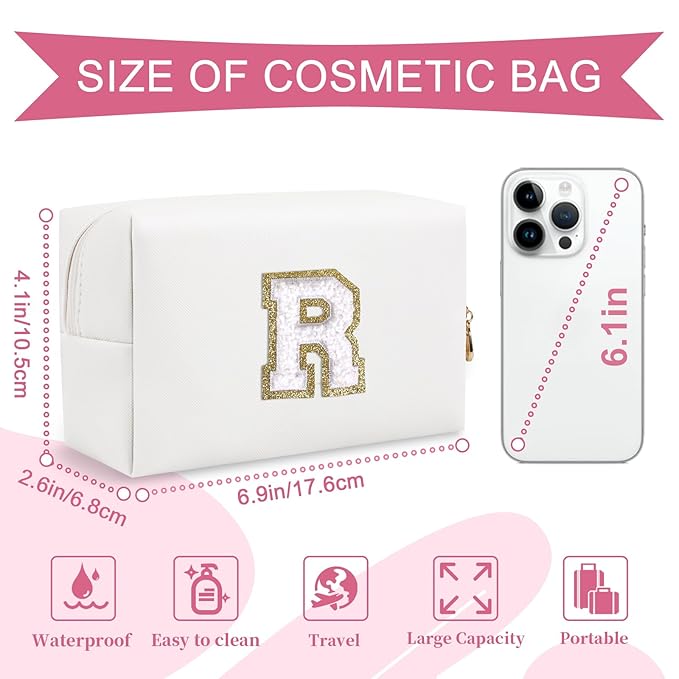 Small Personalized Initial A-Z Preppy Patch Makeup Bag,White PU Chenille Letter Travel Cosmetic Pouch with Zipper,Cute Toiletry Bag,Gift Ideal for Teen Girls Women Teacher Bridesmaid,Letter R