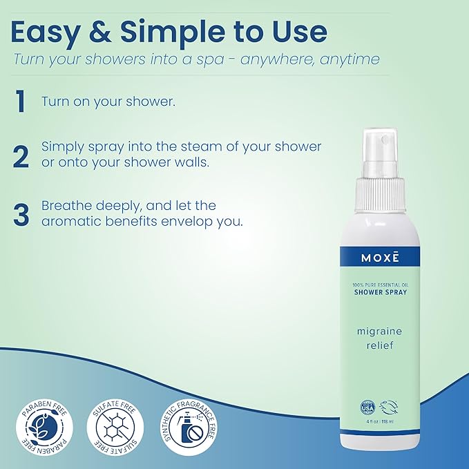 MOXE Migraine Relief Aromatherapy Shower Spray, Essential Oils for Headaches & Tension Relief, Natural 100% Essential Oils, Pure & Undiluted, Peppermint, Spearmint, Eucalyptus, Tea Tree, Made in USA …