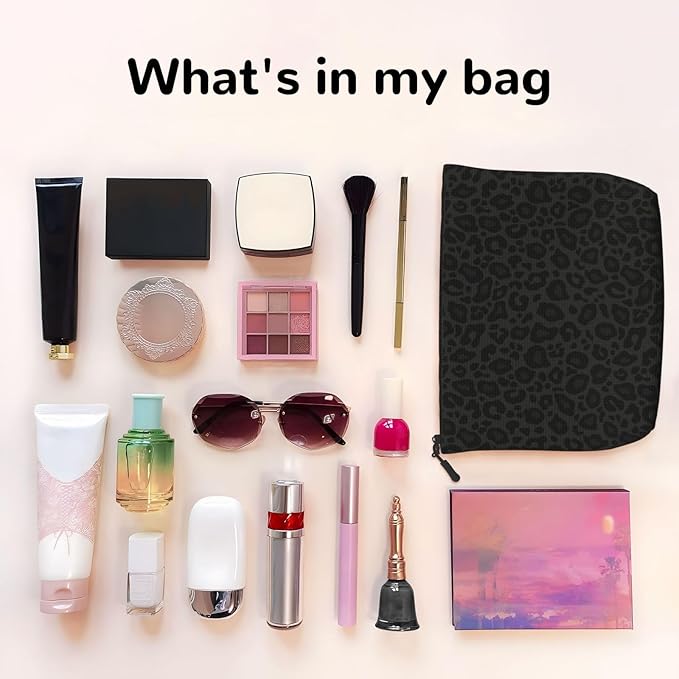 MOLAIGIN Black Grey Leopard Cosmetic Bag For Women, Travel Makeup Bag, Toiletry Zipper Bag, Large Capacity Aesthetic Cases