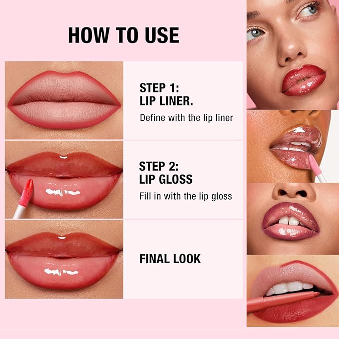 Dark Red Lip Liner Waterproof Lip Kit With Lip Liner and Gloss Long Lasting Pluming Smudge proof Highly Pigmented Lip Liner Set with Lipgloss (12# Dark Red)