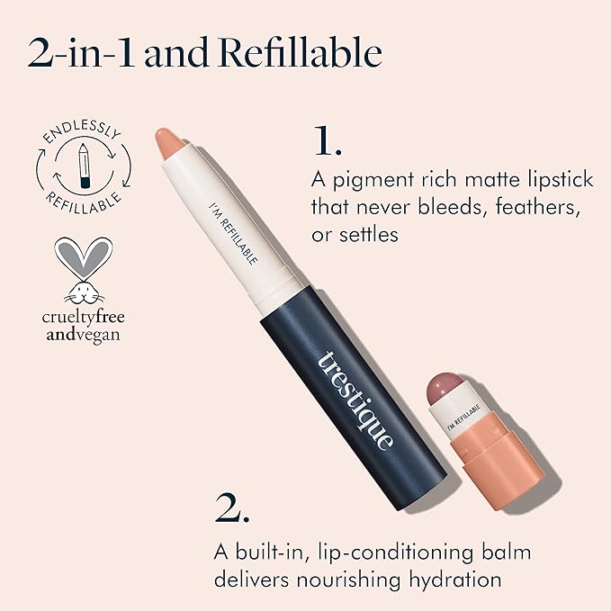 TRE'STIQUE Matte Lip Crayon, Matte Lipstick With Built-in Lip Gloss Balm, 2-in-1 Lip Liner Set With Lip Crayon and Lip Balm, Lipstick and Lip Gloss Kit (Nantucket Nude Refillable)