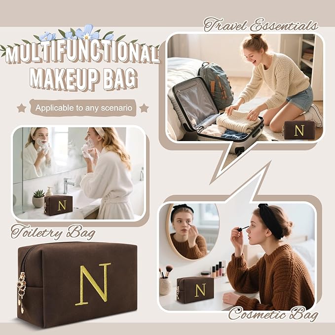 Personalized Initial Makeup Bag,Preppy Suede Cosmetic Bag for Teen Girls,Small Monogram Travel Toiletry Bag With Gold Embroidered Letter,Trendy Stuff Custom Christmas Gift for Women(Coffee-N)