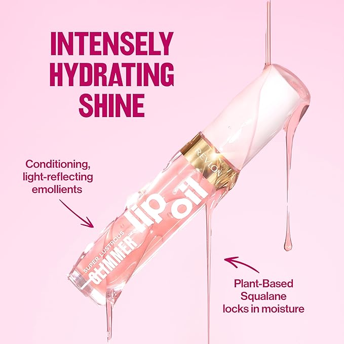 REVLON Super Lustrous Glimmer Lip Oil, Moisturizing & Tinted, Shiny Finish, Made with Plant-Based Squalane, 010 Wined Down, 0.13 fl oz