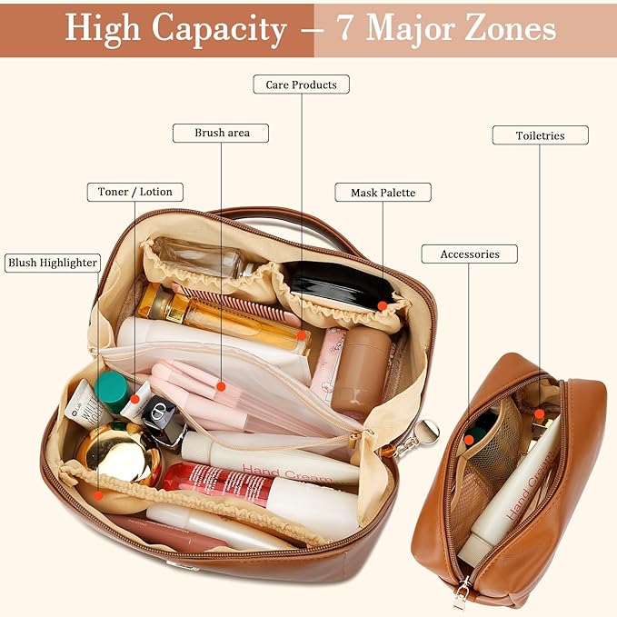 Birthday Gifts for Women Teen Girl, Personalized Initial Makeup Organizer Bag Set, Open Flat Travel Cosmetic Bag With Clear Divider and Handle(Brown,I)