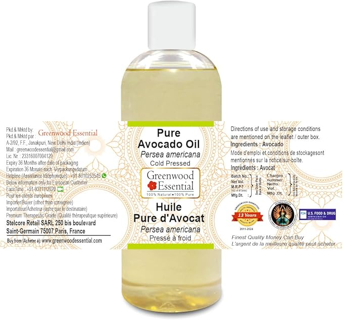 Greenwood Essential Pure Avocado Oil (Persea americana) Cold Pressed 200ml (6.76 oz)