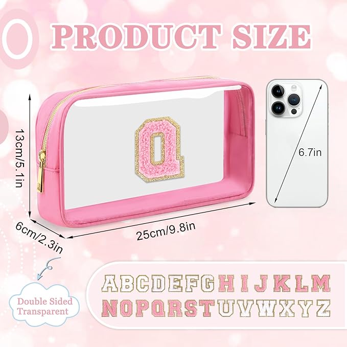 Small Clear Personalized Initial Makeup Bag, Preppy Nylon A-Z Chenille Letter Patch Makeup Organizer TSA Approved Travel Toiletry Bag,Waterproof Zip Beach Cosmetic Pouch Purse for Women(Pink-Pink Q)