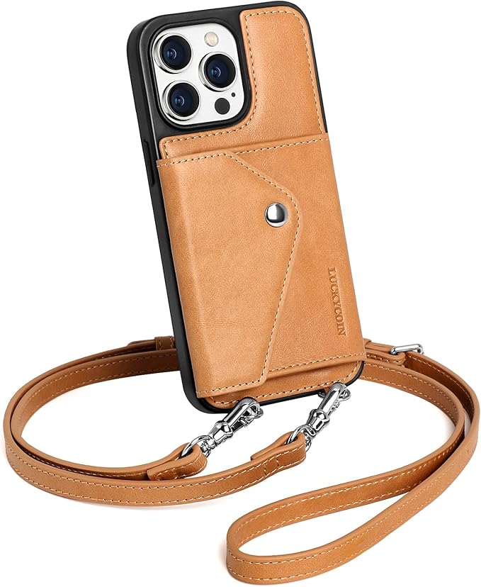 LUCKYCOIN Crossbody Wallet Phone Case for iPhone 14 Pro Max,100% Genuine Leather Wallet Phone Case with Expandable Flip Card Holder,Phone Purse for Women with Adjustable Removable Strap - Tan