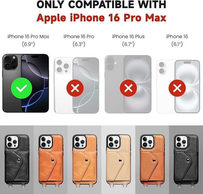 LUCKYCOIN Crossbody Wallet Phone Case for iPhone 16 Pro Max,100% Genuine Leather Wallet Phone Case with Expandable Flip Card Holder,Phone Purse for Women with Adjustable Removable Strap - Tan