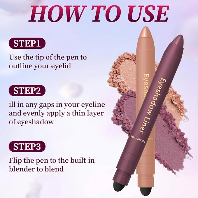 Shadow Liner 2 in 1 Eyeliner Eyeshadow, 2-in-1 Eyeliner & Shadow, shadow Liner Duo Plum, Waterproof Eye Shadow Crayon, Smooth, Easy to Color (Purple + champagne gold
