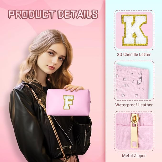 TOPEAST Small Makeup Bag Initial Cosmetic Bag Travel Toiletry Bag, Personalized Birthday Gift for Mom Sister Friends Teacher Nurse, Preppy Travel Stuff for Girls (Pink O)