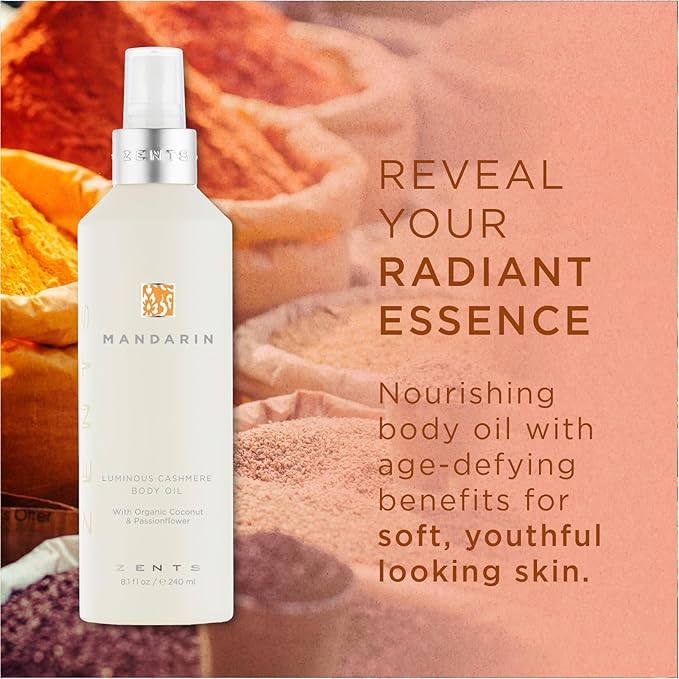 Zents Luminous Cashmere Body Oil (Mandarin Fragrance) | Moisturizing Body Oil with Vitamin E & Organic Coconut Oil | Softens & Smooths Skin | 8 fl oz