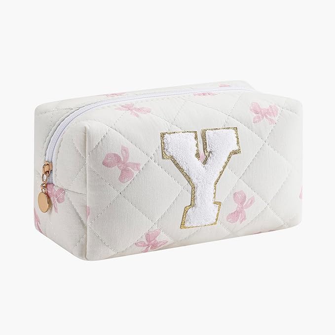 Gleyemor Personalized Initial Makeup Bag for Women, Cute Quilted Pink Floral Cotton Cosmetic Bag, Christmas Gifts for Her Mom Friend Sister Bridesmaid Teacher Women Y