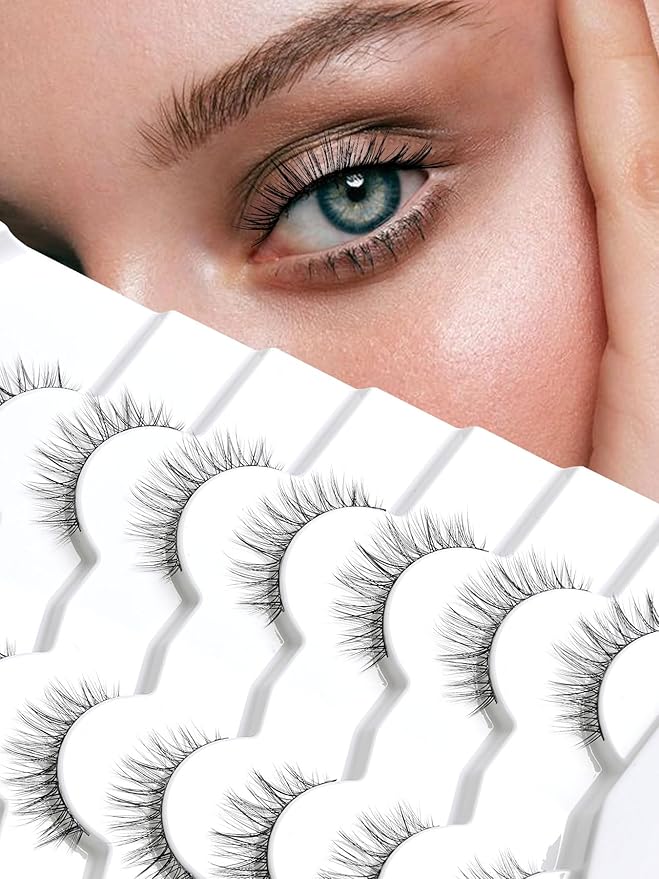Lashes Wispy Eyelashes False Eyelashes 10MM Short Lash Thin Band Strip Lashes Natural Lashes 3D Volume Eyelashes Soft False Lashes 7 Pair Siligli