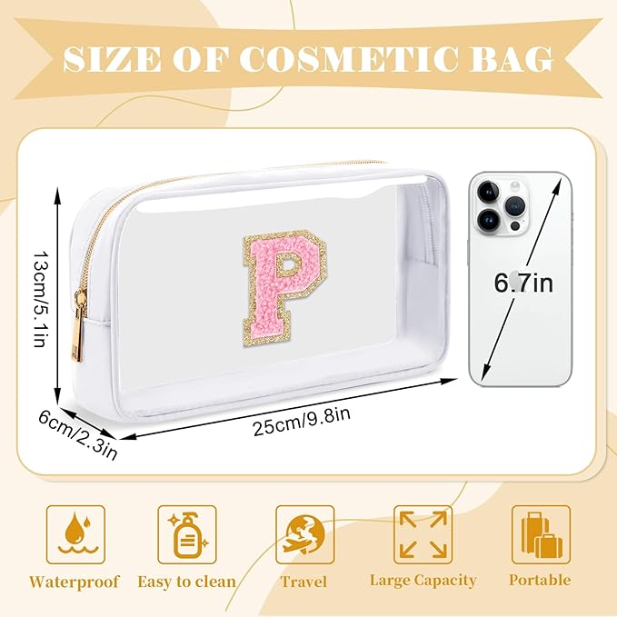 Personalized Initial Letter Clear Makeup Bag,Preppy Small Nylon&PVC Cosmetic Zipper Bag with Chenille Letter,Travel Skincare Toiletry Bag,Monogram Christmas Gift for Teen Girls Women,P