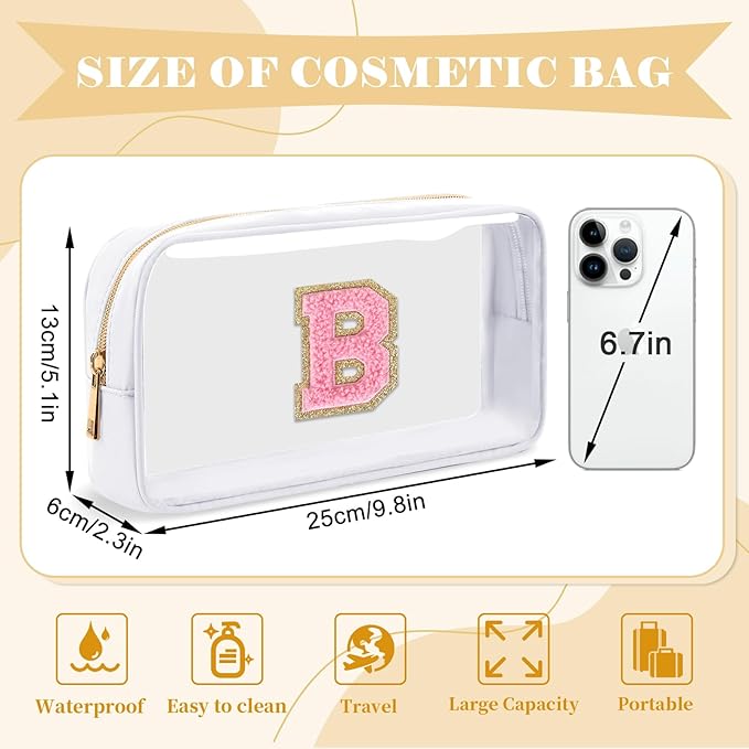 Personalized Initial Letter Clear Makeup Bag,Preppy Small Nylon&PVC Cosmetic Zipper Bag with Chenille Letter,Travel Skincare Toiletry Bag,Monogram Christmas Gift for Teen Girls Women,B