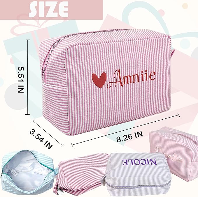 Custom Makeup Bag Personalized Cosmetic Bag Cute Seersucker Travel Toiletry Bag for Women Embroidered Bag Organizer for Bride Makeup Bag Gift Blue