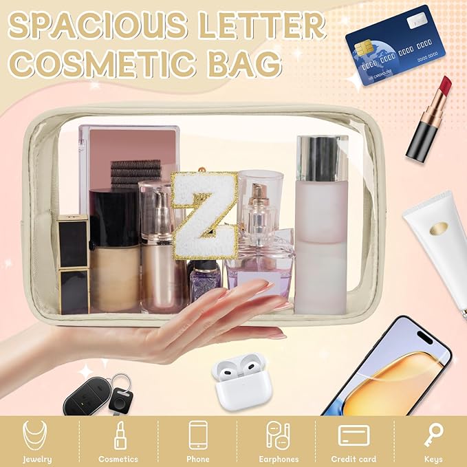 Personalized Initial Clear Makeup Bag, Travel Chenille Patch Cosmetic Bag, Preppy Toiletry Bag Monogram Cosmetic Pouch with Zipper, Ideal Gift for Teen Girls Women (Clear-Beige, Z)