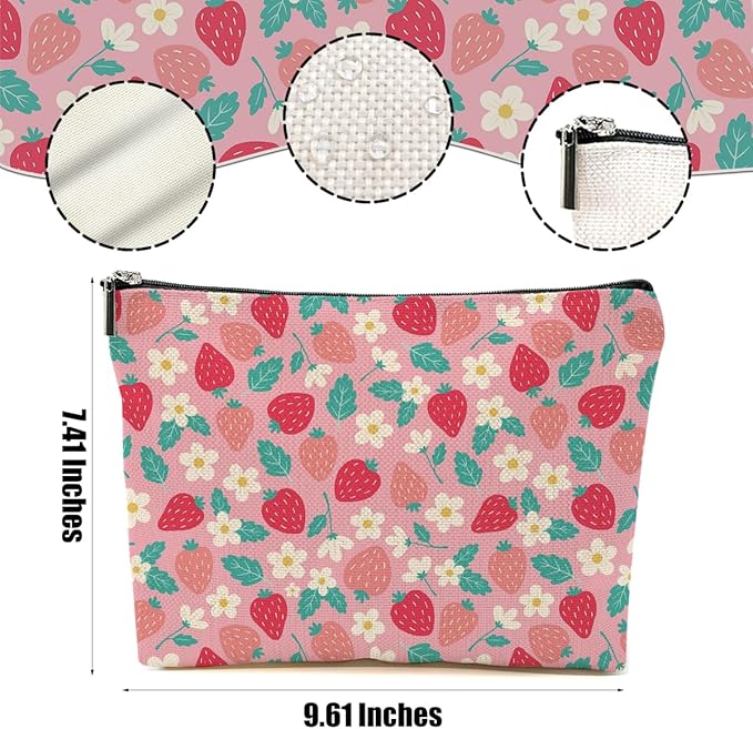 4 Packs Cute Flowers Strawberry Makeup Bag Floral Cosmetic Bag Friend Friendship Gifts for Women Girls Sister Coworker Botanical Travel Organizer Zipper Pouch Christmas Thanksgiving Birthday Gifts