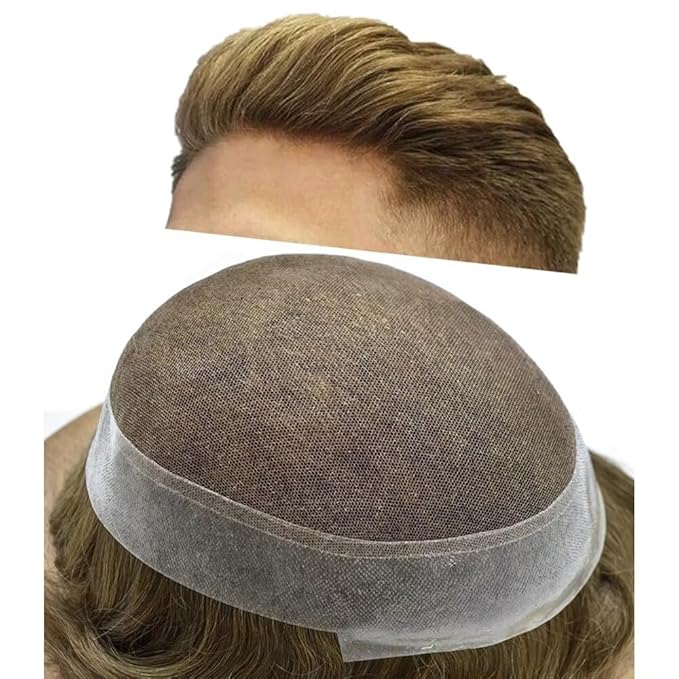 FACE MIRACLE Toupee for Men French Lace Hairpiece Human Hair Replacement System Skin PU Mens Toupee Hair Wigs for Man V-Looped Front Hair Prosthesis 6"X9" 7# VERY LIGHT BROWN
