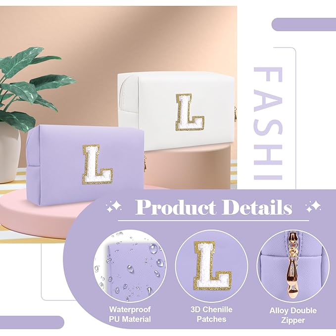 Personalized Makeup Bag Initial A-Z Preppy Patch Bag,Small PU Leather Travel Cosmetic Bag Pouch with Zipper,Purple Cute Toiletry Bag,Gift Ideal for Teen Girls Women Birthday Friend Mom,Latter L