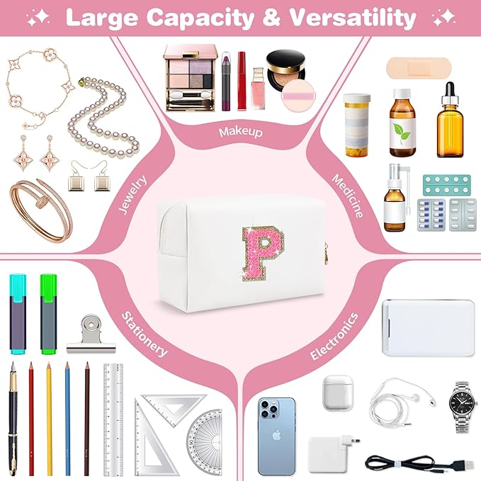 Small Personalized Initial A-Z Patch Makeup Bag,White Cute PU Leather Glitter Letter Cosmetic Bag for Teen Girls,Travel Toiletry Bag with Zipper,Preppy Monogrammed Birthday Gift for Daughter Niece P