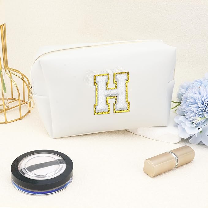 Gifts for Girls Initial Makeup Bag Personalized Cosmetic Bag with Zipper Cute Travel Toiletry Bags Waterproof PU Preppy Makeup Pouch Birthday Gift for Teen Girls Women(White H)