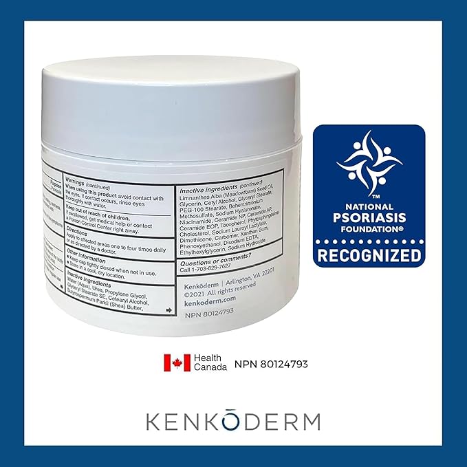 Kenkoderm Psoriasis Cream - Natural Moisturizing Face & Body Lotion with 2 Percent Salicylic Acid - Renewing Topical Formula for Dry & Sensitive Skin, Fragrance & Color Free, 10 oz., 1 Jar