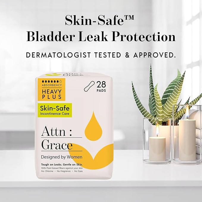 Attn: Grace Heavy Plus Incontinence Pads for Women, 28-Pack - High Absorbency, Breathable, Plant-Based - Incontinence Pads for Heavy Bladder Leaks & Sensitive Skin