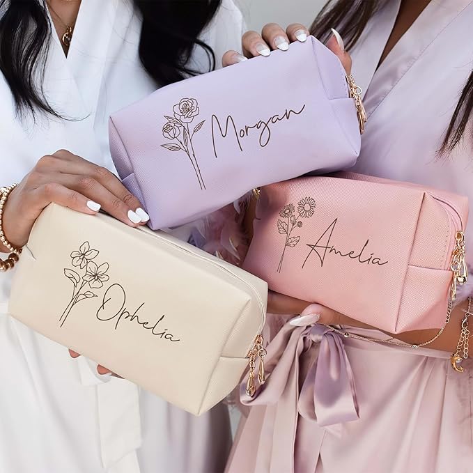 DayOfShe Personalized Makeup Bag with Name and Birth Flower Bridesmaid Gifts Stocking Stuffers for Women Teenage Girls Gifts, Custom Travel Makeup bag for Bridal Shower Gifts