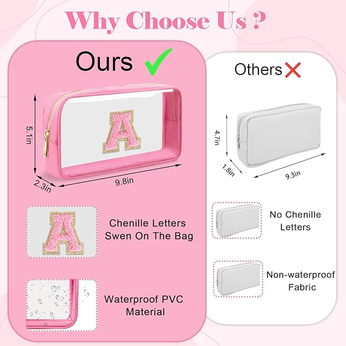 Personalized Initial Letter Clear Makeup Bag,Preppy Small Nylon&PVC Cosmetic Zipper Bag with Chenille Letter,Portable Beach Travel Skincare Toiletry Bag,Trendy Monogram Gift for Teen Girls Women,Z
