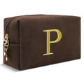 Personalized Initial Makeup Bag,Preppy Suede Cosmetic Bag for Teen Girls,Small Monogram Travel Toiletry Bag With Gold Embroidered Letter,Trendy Stuff Custom Christmas Gift for Women(Coffee-P)