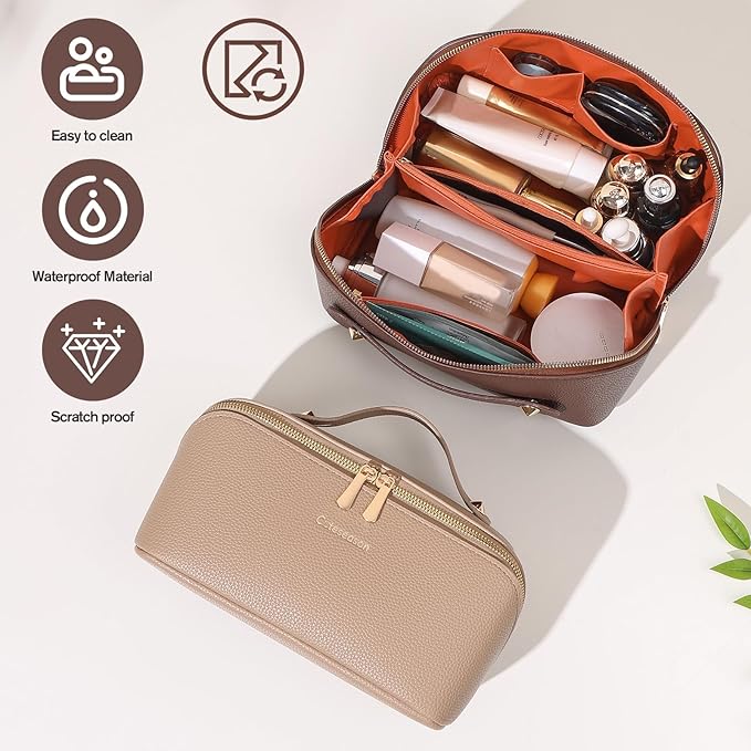 Makeup Bag, Travel Toiletry Bag for Women, Large Capacity Waterproof Plain Pattern PU Leather Cosmetic Bags Make Up Organizer Bags with Headband and Wristband Set (Brown)