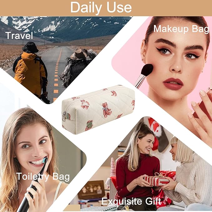 Cute Floral Cotton Makeup Brush Cosmetic Bag for Women, Travel Quilted Zipper Make Up Bag, Flowers Toiletry Organizer Case Kawaii Makeup Cosmetic Travel Cloth Pouch (Rabbit Bear)