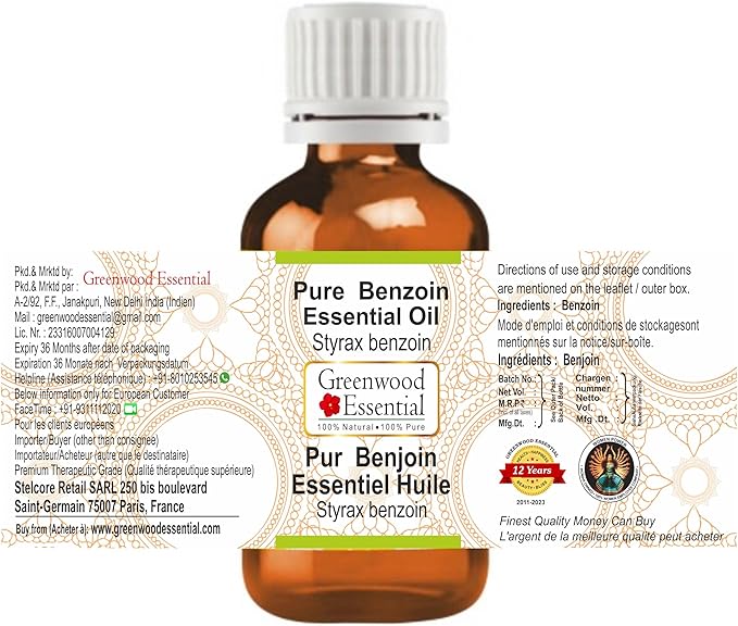 Greenwood Essential Benzoin Essential Oil (Styrax Benzoin) Pure | Viscous Texture | Rich Aroma | Unisex | All Skin Types |Natural Extract Steam Distilled 50ml (1.69 oz)