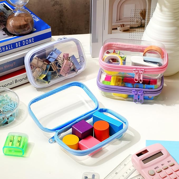 Hoolerry 4 Pcs Hard Clear Zipper Case Makeup Bags Plastic Pencil Pouch Transparent Storage Box Containers for Cosmetics, Snacks, Building Blocks, Puzzles(Multicolor,5 x 3 x 2 in)