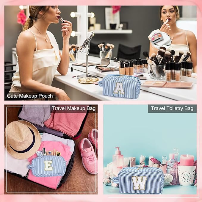 YOOLIFE Teacher Appreciation Gifts for Women - Personalized Birthday Gifts Idea for Women Teacher Best Friend Mom Bridesmaid, Large Initial Blue Makeup Bag, Cosmetic Toiletry Bag Case Make Up Pouch T