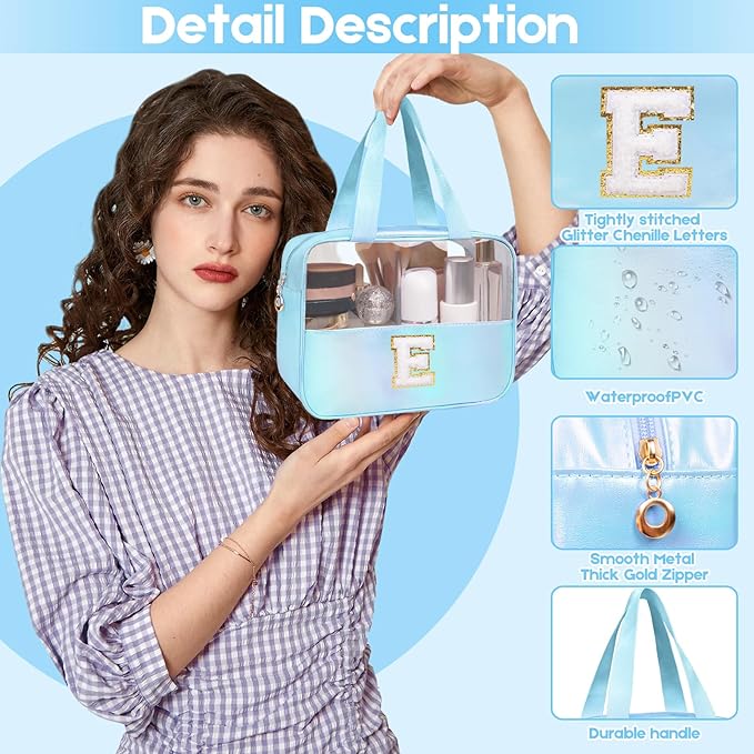 Personalized Initial Clear Makeup Bag Blue Cosmetic Bag Set Large Travel Toiletry Bag, Cute Clear Make Up Bags Organizer Bag for Girlfriend Teacher Gifts Teen Girl Gifts Trendy Stuff C (Blue)