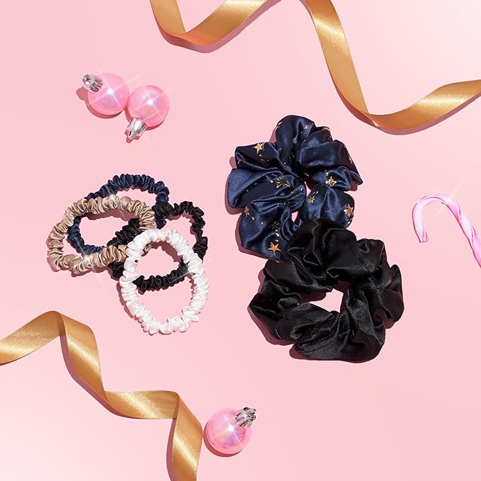 SILKIE x6 Set 100% Pure Mulberry Silk Christmas Dark Neutral Skinny Scrunchies Travel Pouch Everyday Hair Ties Elastics Hair Care Ponytail Holder No Damage (Celestial)
