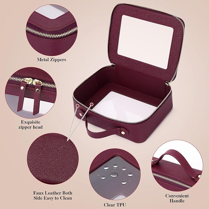 Pinkmik Clear Makeup Bag for Women Waterproof Travel Cosmetics and Toiletries Case Portable Makeup Oaganizer Bag Clear Car Bag with Zipper (X/Burgundy, M+L)