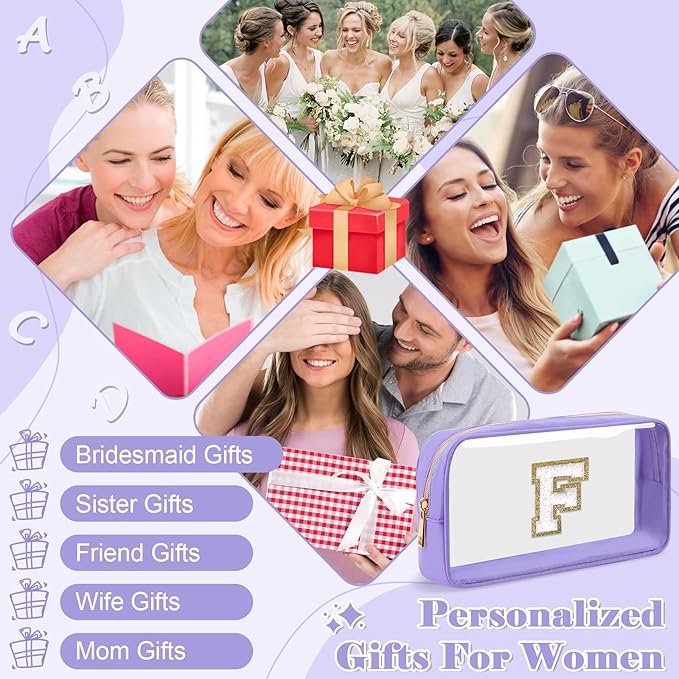 Personalized Initial Letter Clear Makeup Bag,Preppy Small Nylon&PVC Cosmetic Zipper Bag with Chenille Letter,Travel Skincare Toiletry Bag,Monogram Christmas Gift for Teen Girls Women,F