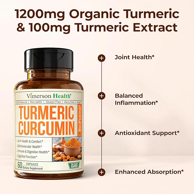 Turmeric Curcumin Supplement with Black Pepper Extract - High Potency Organic Turmeric 1200mg & 95% Curcuminoids for Joint & Digestive Health - Joint Support Supplement - 60 Vegan Curcuma Capsules