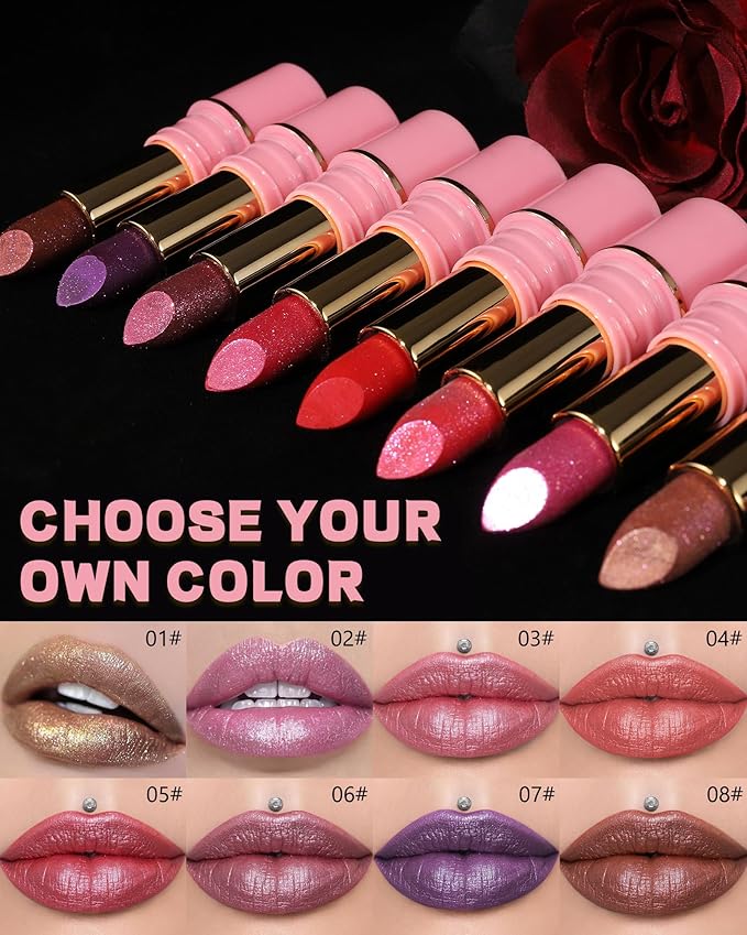 Glitter Metallic Purple Nude Shimmer Lipstick Long Lasting, Glitter Diamond Shine Red Lipstick Transfer Proof Non-Stick Lip Gloss Shimmer Highly Pigmented Full Coverage Lip Makeup for Women-07
