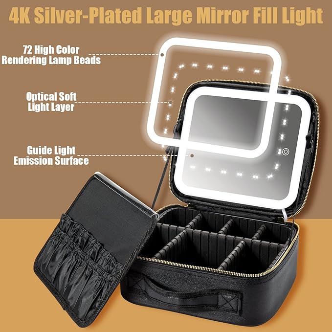 Seoneiro Makeup Travel Bag with LED Lighted Mirror Adjustable Brightness Portable Waterproof Makeup Case with Adjustable Dividers, Make up Train Case Organizer Makeup Brush Accessories and Tool Case