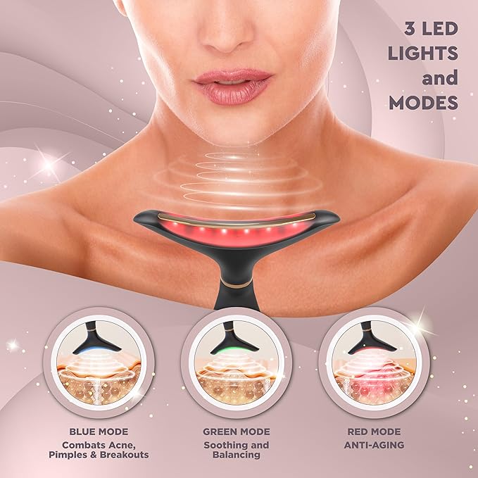 GLO24K Red Light Face & Neck Beauty Device – 3-in-1 Facial Massager Tool with LED & Vibration for Skin Revitalization and Neck Firming